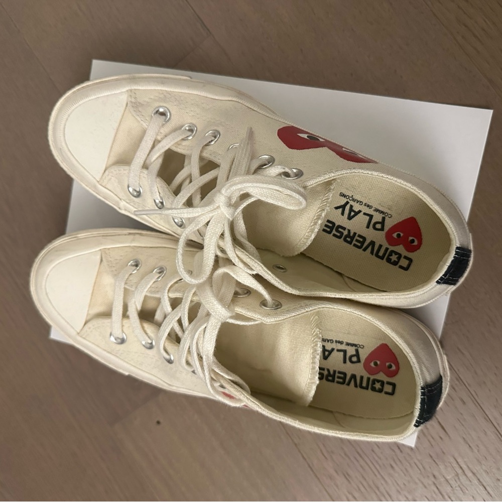 Converse CDG Cream Sneakers with Red Heart Design